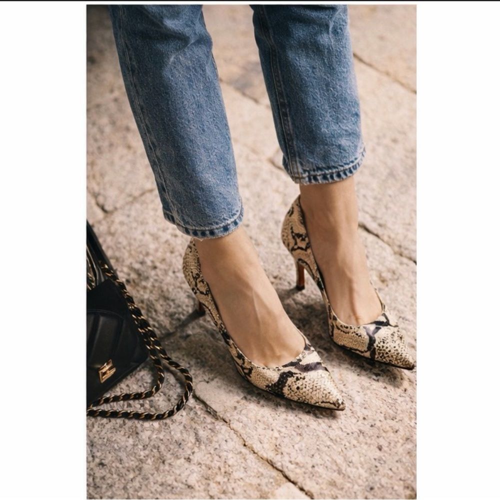 Sacha London Cream Brown & Black Pointed Toe Faux Snakeskin Leather Heels